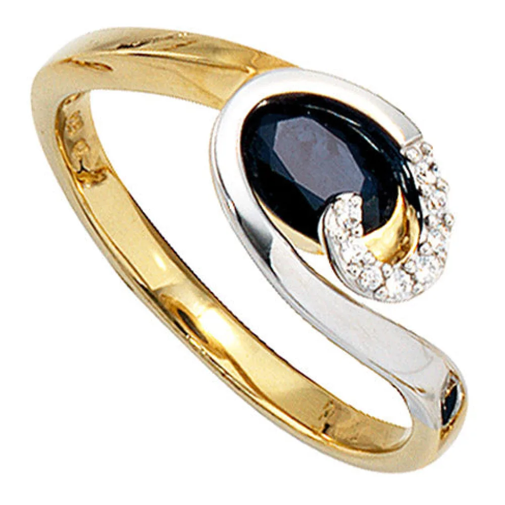 Damen Ring 585 Gold Gelbgold Weißgold 1 Safir blau 8 Diamanten Brillanten-52