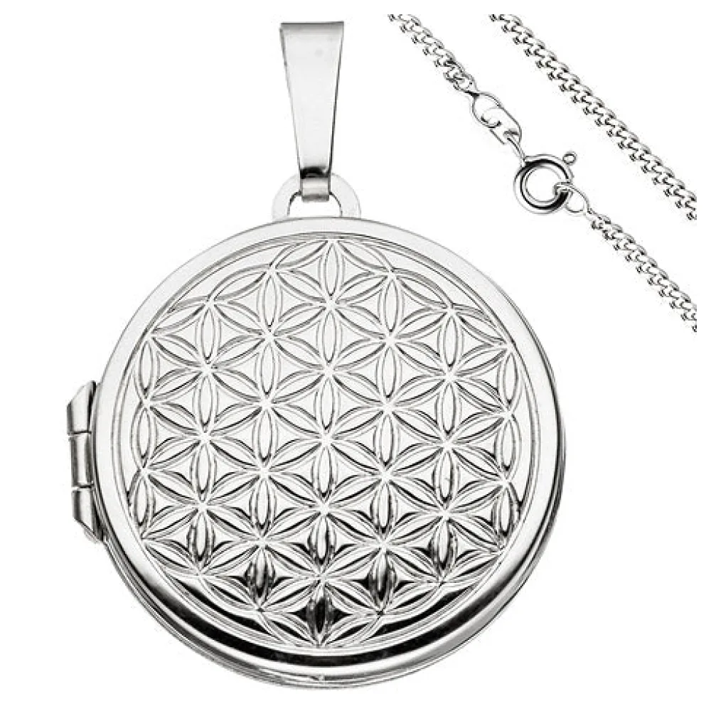 Medaillon Blume des Lebens rund Anhänger zum Öffnen 925 Silber mit Kette 60 cm
