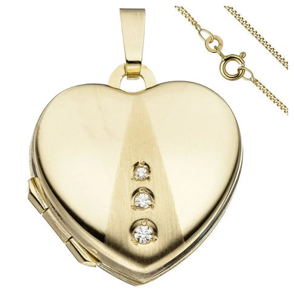Medaillon Herz Anhänger zum Öffnen für Fotos 333 Gold 3 Zirkonia mit Kette 50 cm
