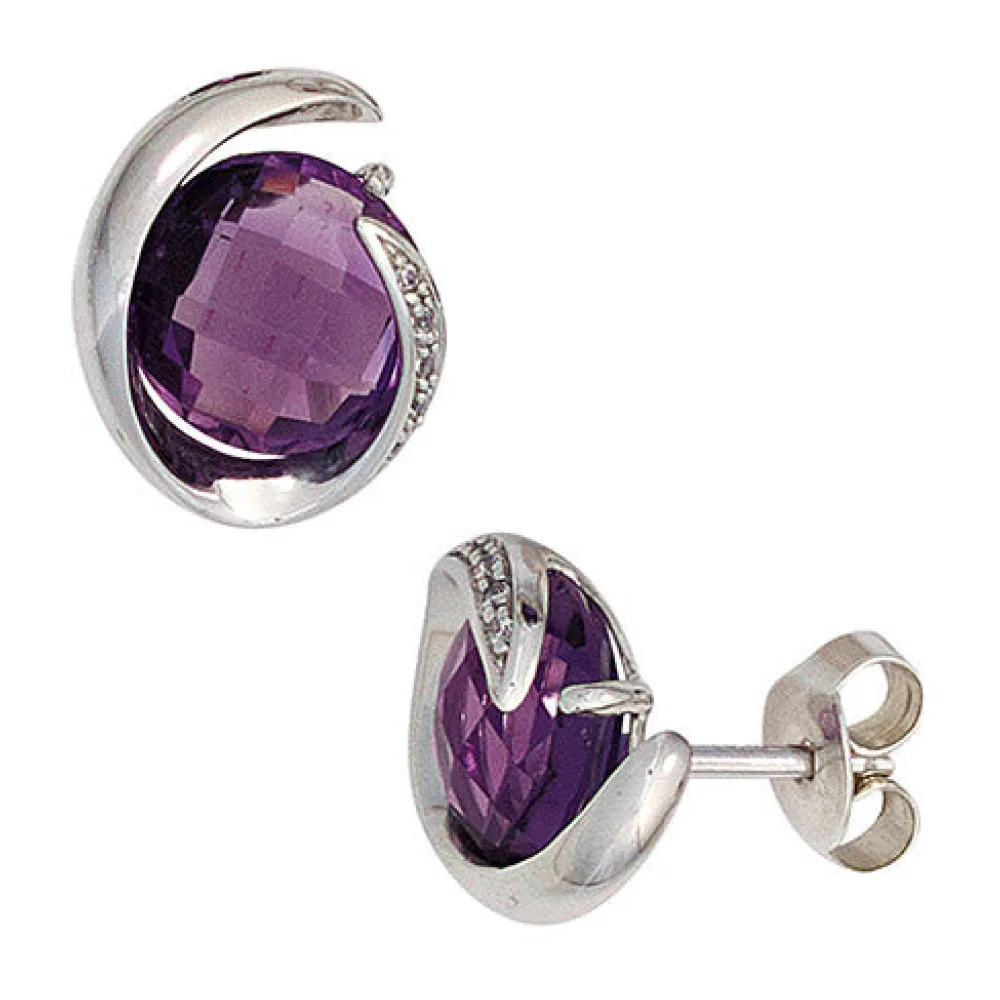 Ohrstecker 585 Weißgold 2 Amethyste lila violett 10 Diamanten Ohrringe