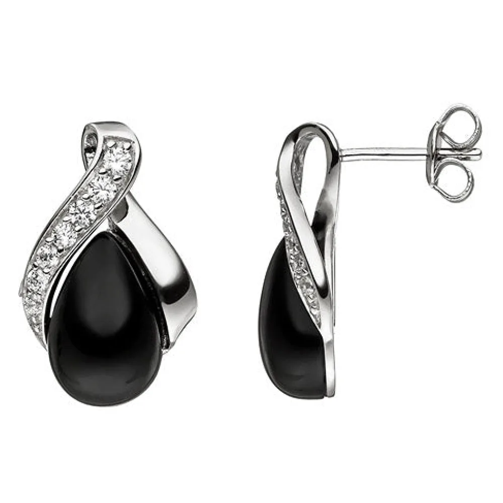 Ohrstecker 925 Sterling Silber 2 Onyxe schwarz 14 Zirkonia Ohrringe