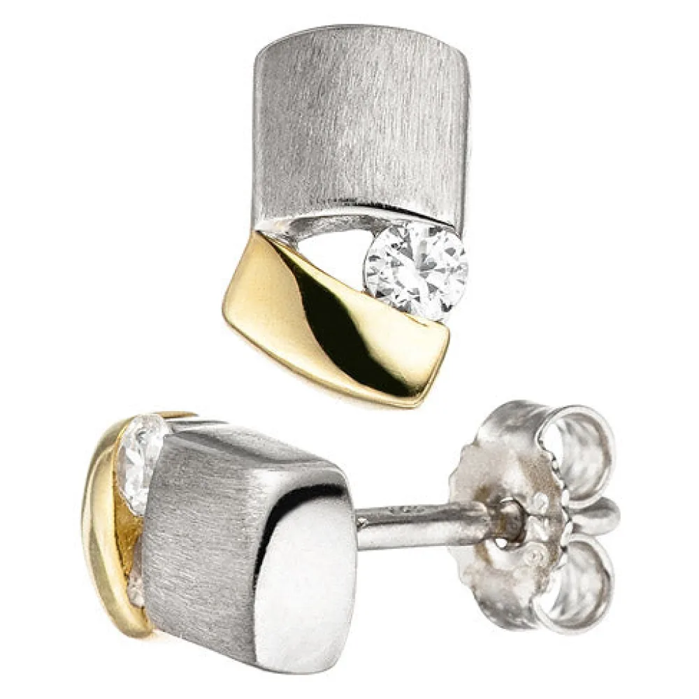 Ohrstecker 925 Sterling Silber bicolor vergoldet matt 2 Zirkonia Ohrringe