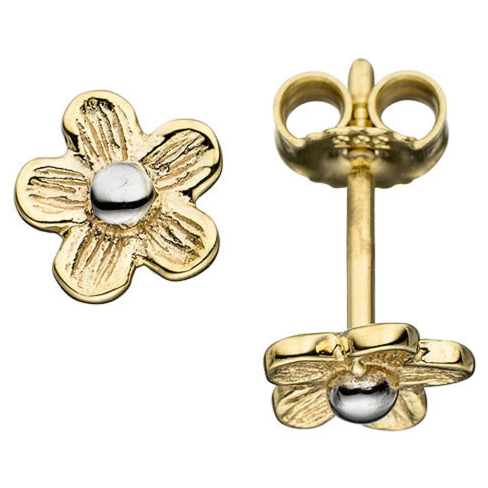 Ohrstecker Blume 333 Gold Gelbgold mattiert bicolor Ohrringe Goldohrstecker