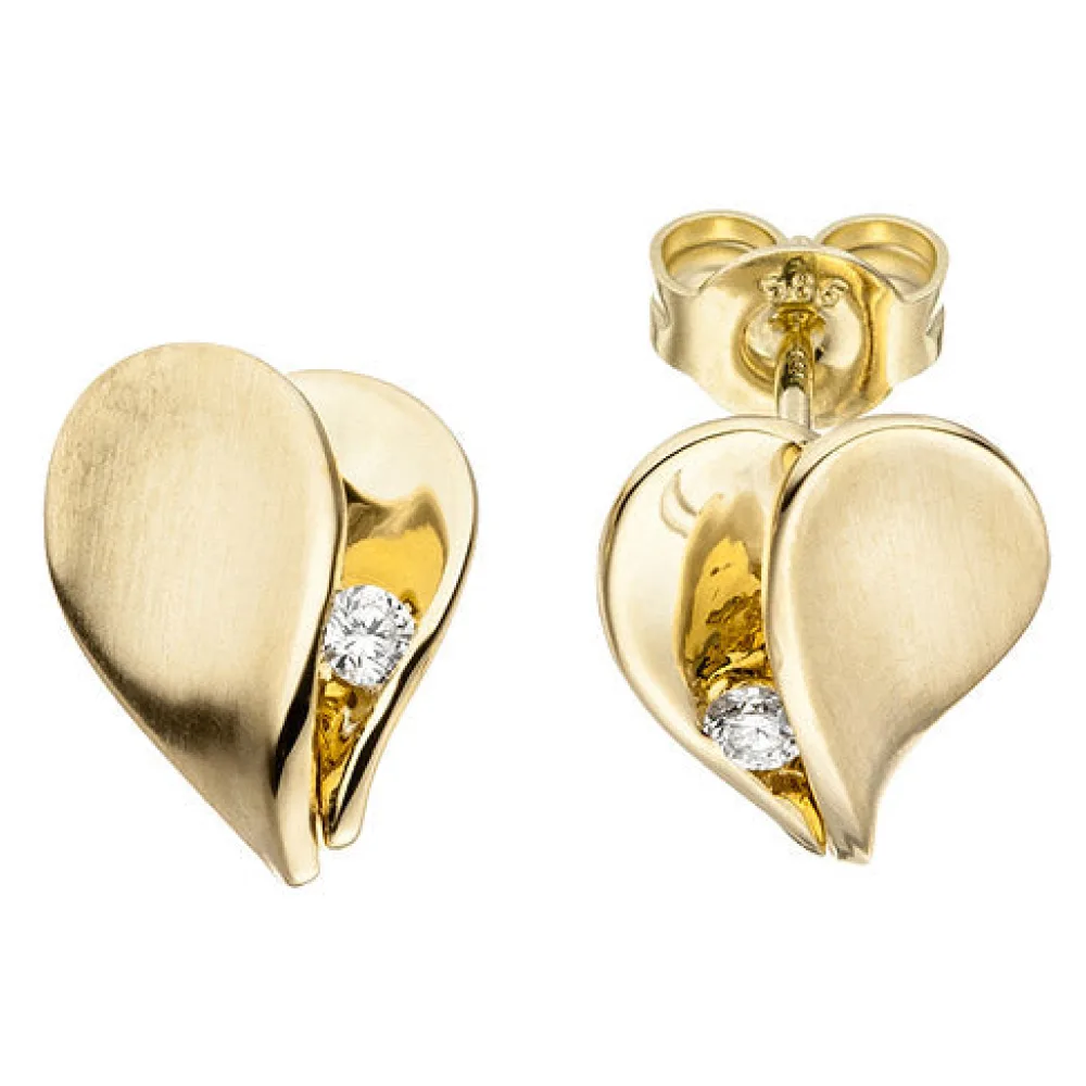 Ohrstecker Herz 585 Gold Gelbgold matt 2 Diamanten Brillanten Ohrringe