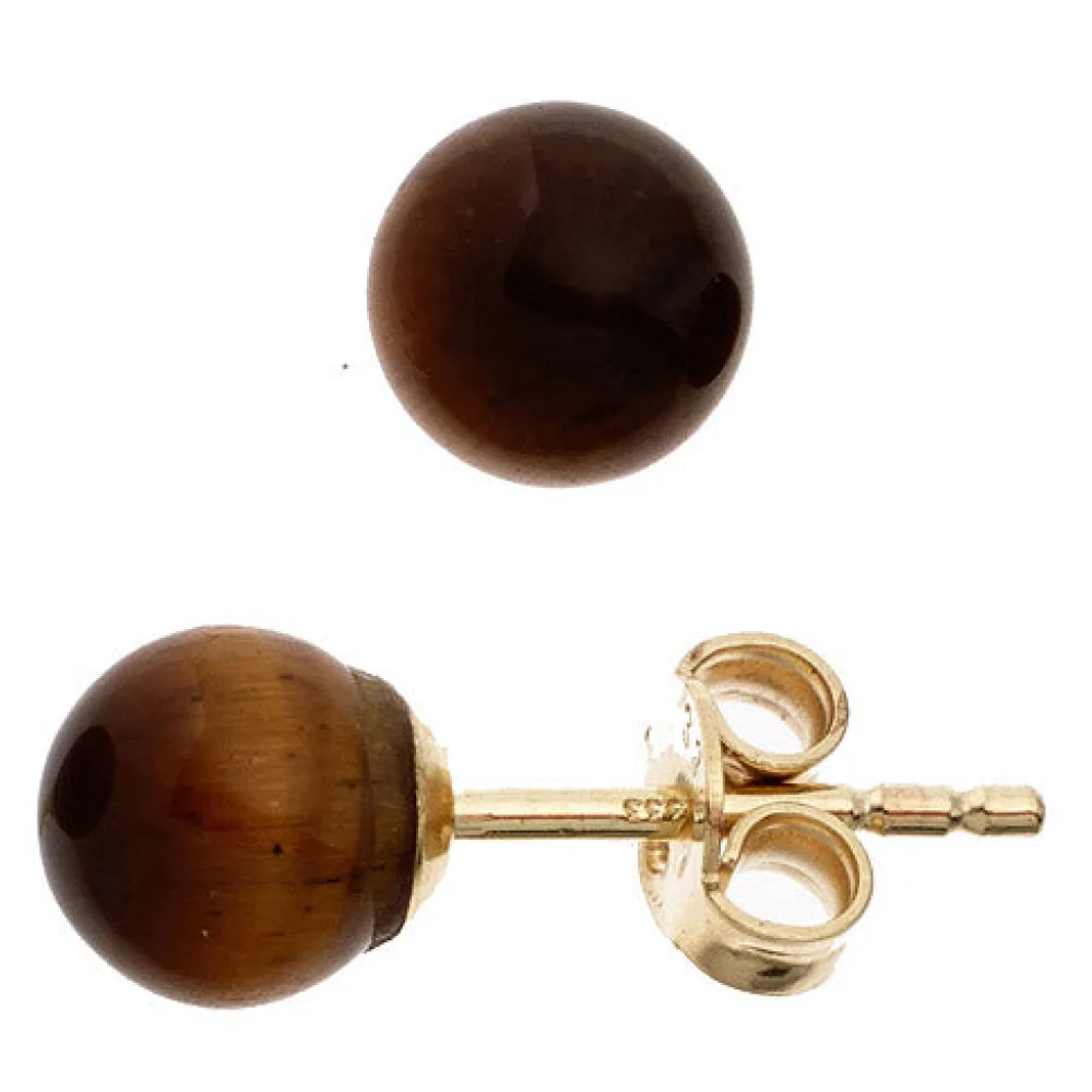 Ohrstecker Kugel 333 Gold Gelbgold 2 Tigeraugen braun Ohrringe Goldohrstecker