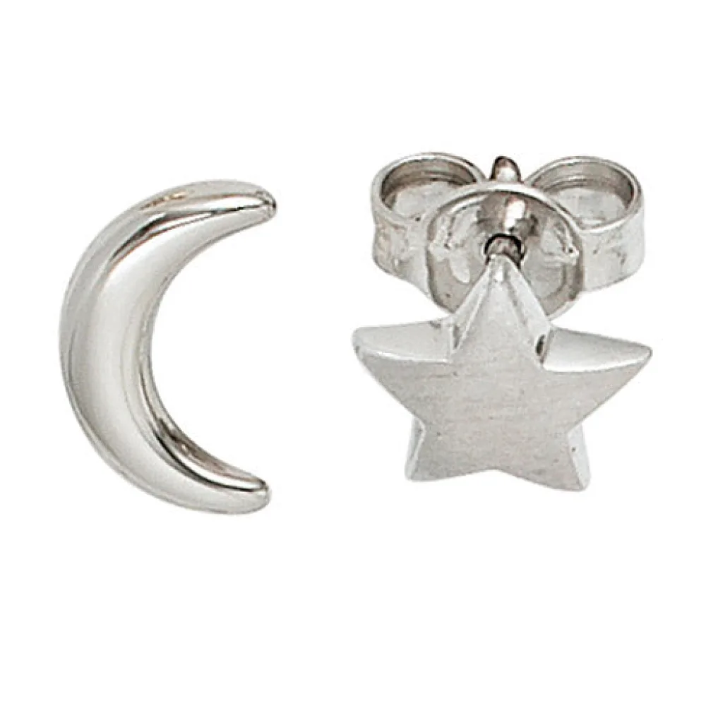 Ohrstecker Mond Stern 925 Sterling Silber rhodiniert mattiert Ohrringe