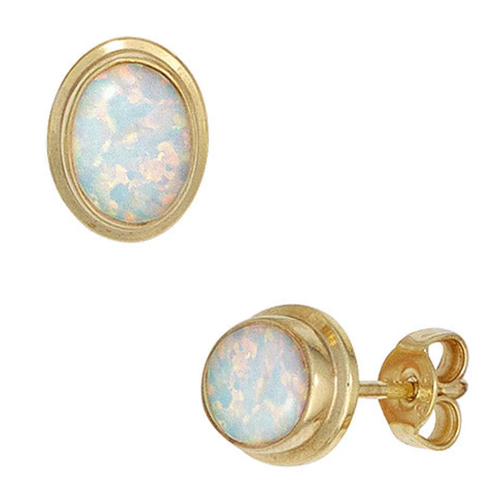 Ohrstecker oval 333 Gold Gelbgold 2 Opale Ohrringe Goldohrstecker