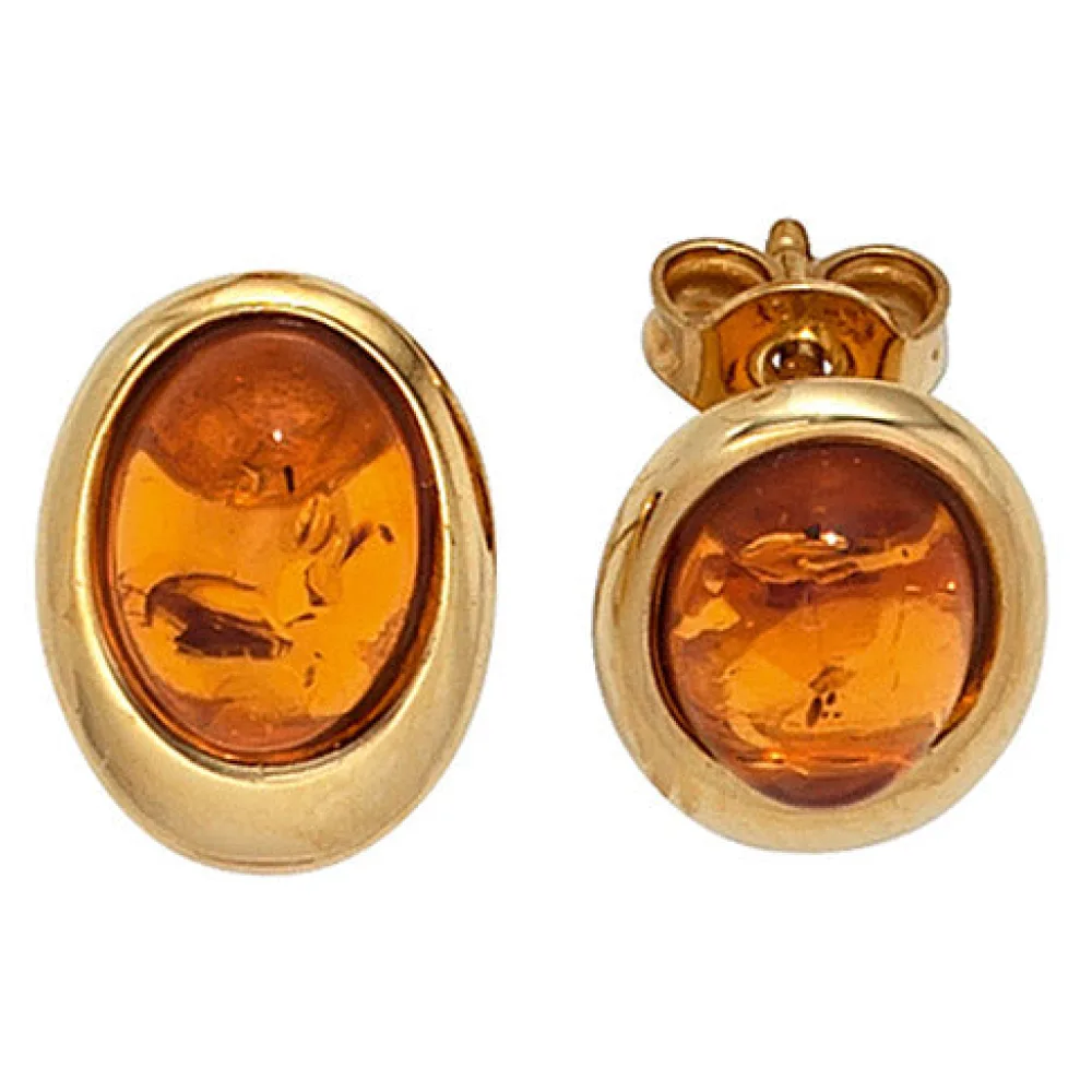 Ohrstecker oval 375 Gold Gelbgold 2 Bernsteine orange Ohrringe Bernsteinohrringe