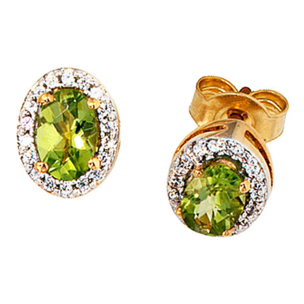 Ohrstecker oval 585 Gelbgold 1 Diamant Brillant 2 Peridote grün Ohrringe