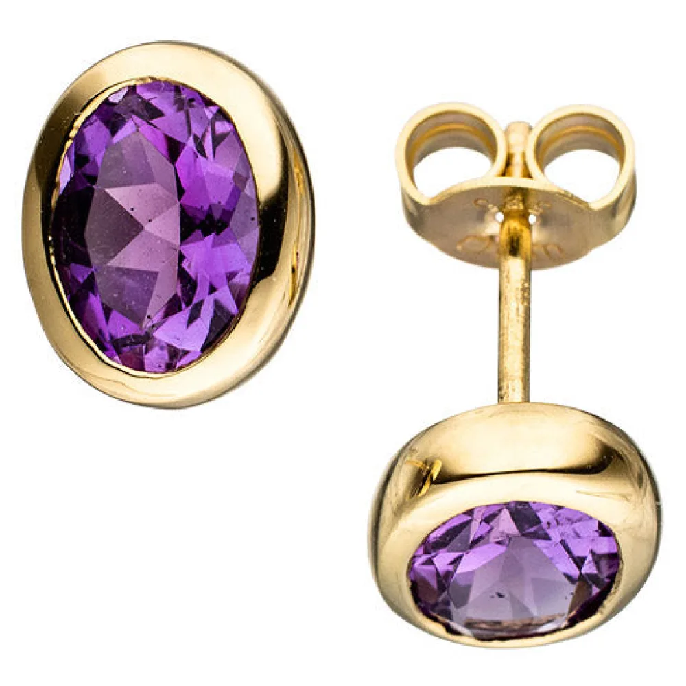 Ohrstecker oval 585 Gold Gelbgold 2 Amethyste lila violett Ohrringe Goldohrringe