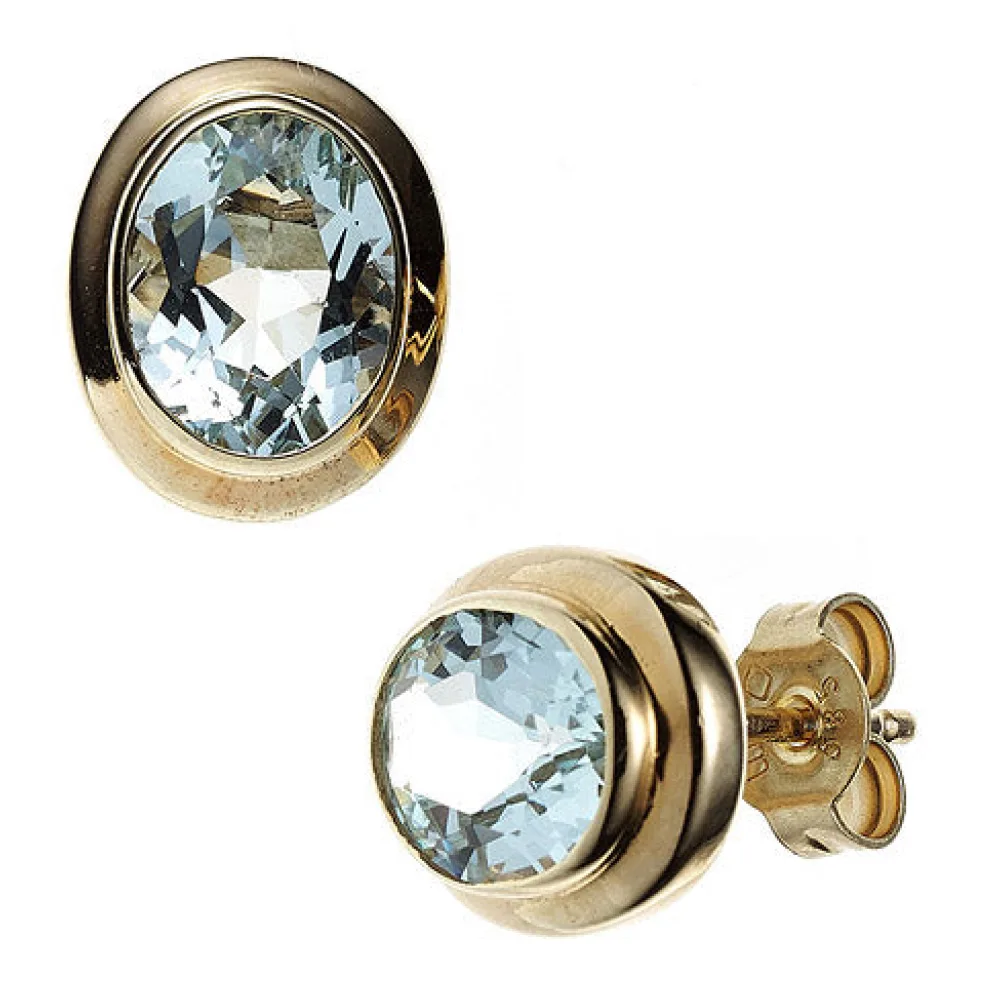 Ohrstecker oval 585 Gold Gelbgold 2 Aquamarine hellblau blau Ohrringe