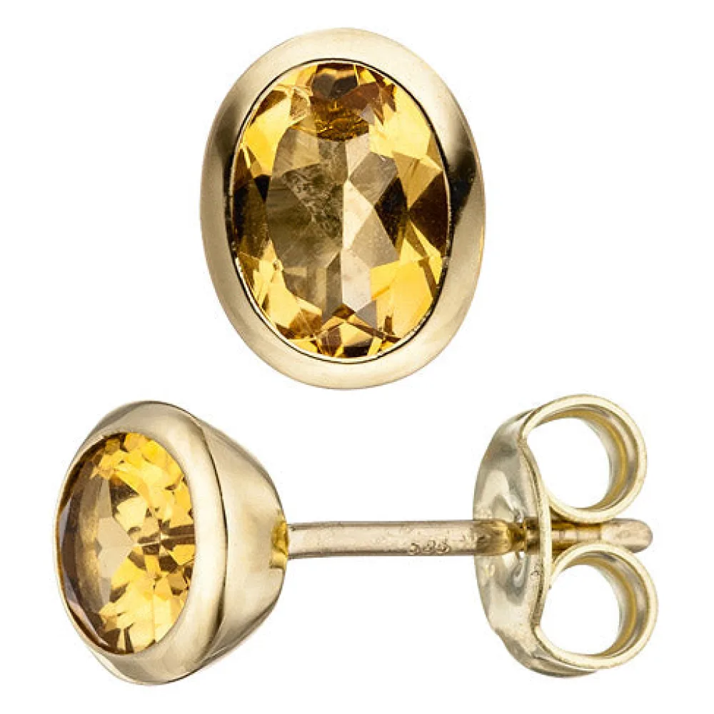Ohrstecker oval 585 Gold Gelbgold 2 Citrine gelb Ohrringe Goldohrringe