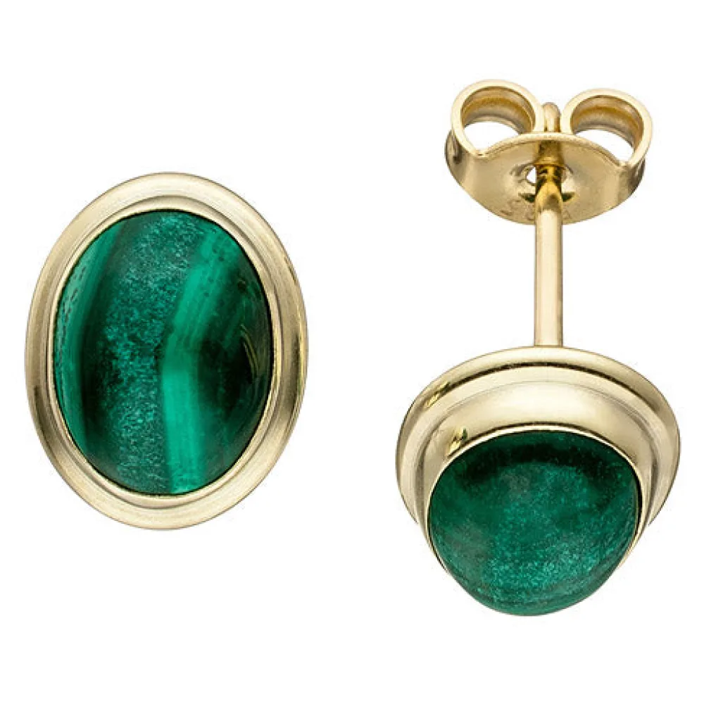 Ohrstecker oval 585 Gold Gelbgold 2 Malachite grün Ohrringe Goldohrringe