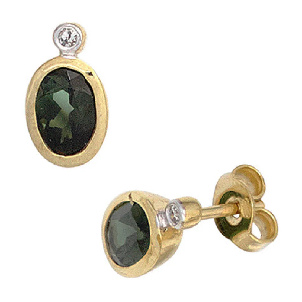 Ohrstecker oval 585 Gold Gelbgold 2 Turmaline grün 2 Diamanten Ohrringe