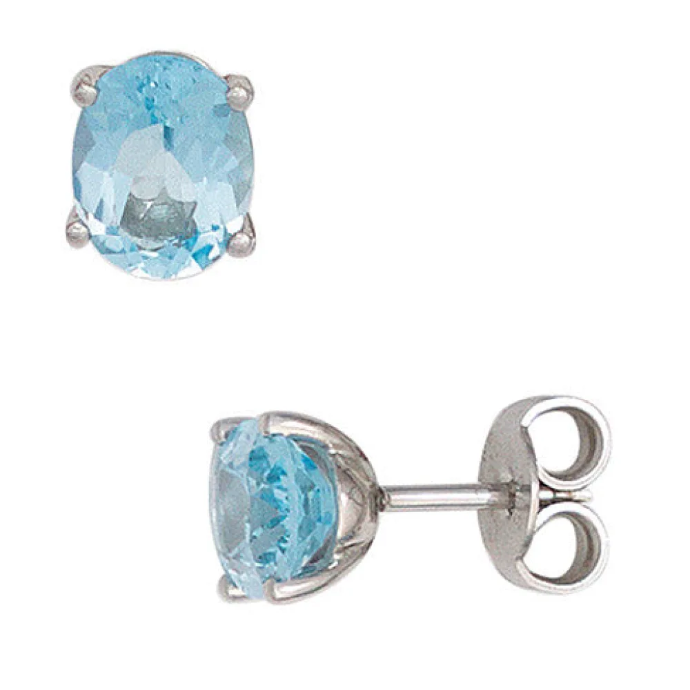 Ohrstecker oval 585 Gold Weißgold 2 Blautopase hellblau blau Ohrringe