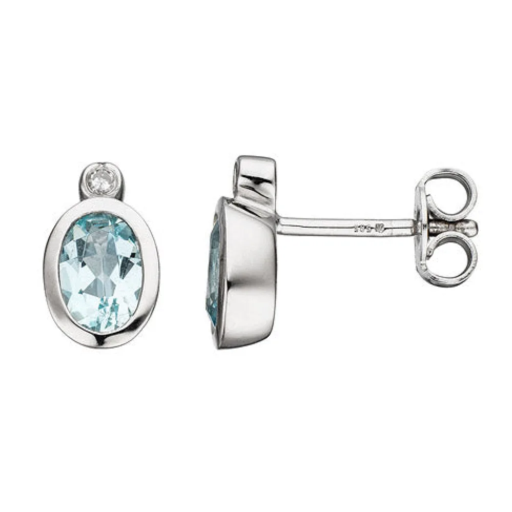 Ohrstecker oval 585 Gold Weißgold 2 Diamanten 2 Aquamarine hellblau blau