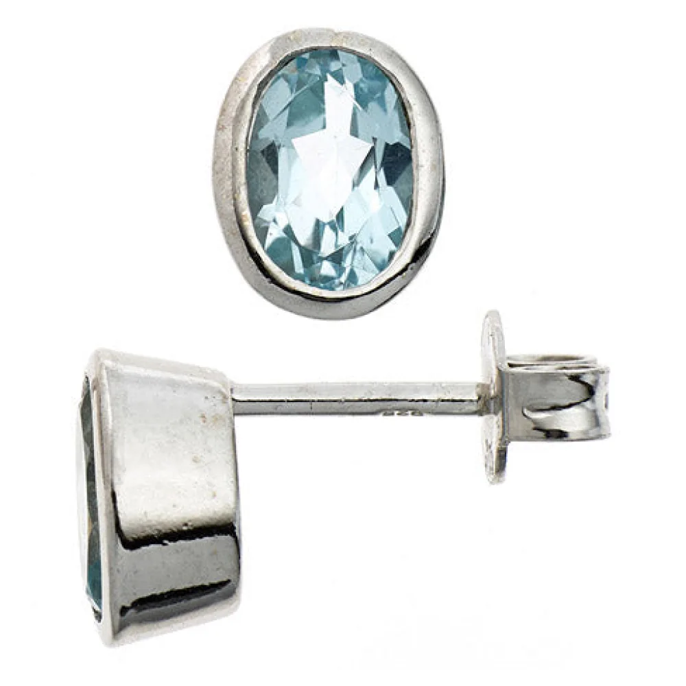 Ohrstecker oval 925 Sterling Silber rhodiniert 2 Blautopase hellblau blau Ohrrin