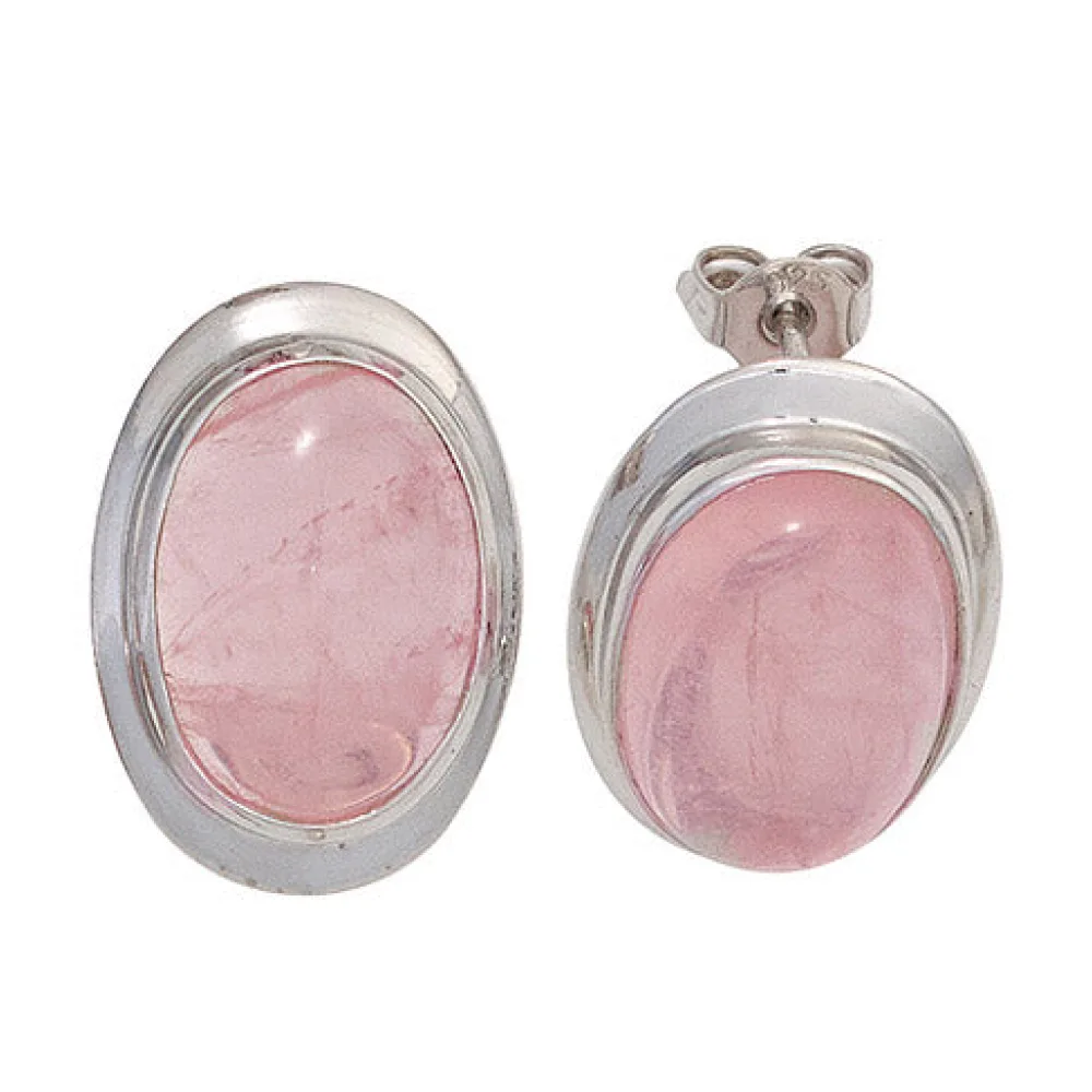 Ohrstecker oval 925 Sterling Silber rhodiniert 2 Rosenquarze rosa Ohrringe