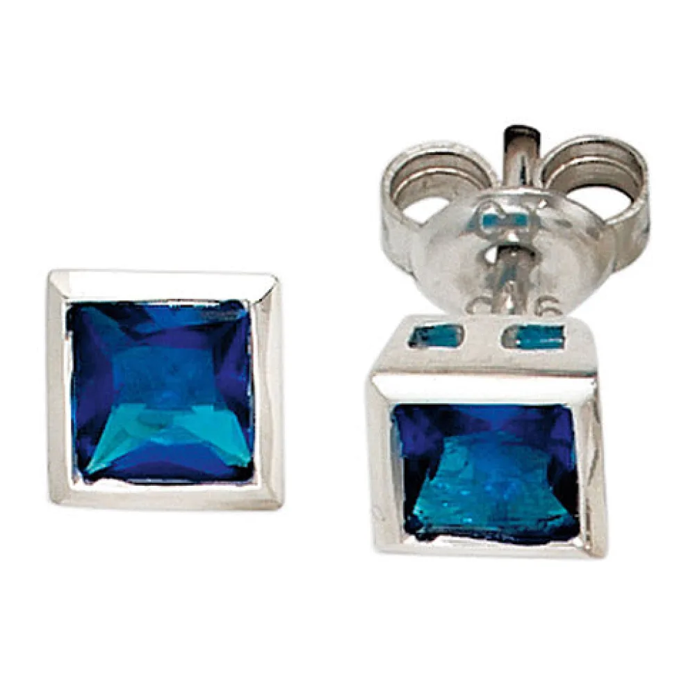 Ohrstecker quadratisch 925 Sterling Silber rhodiniert 2 Zirkonia blau Ohrringe