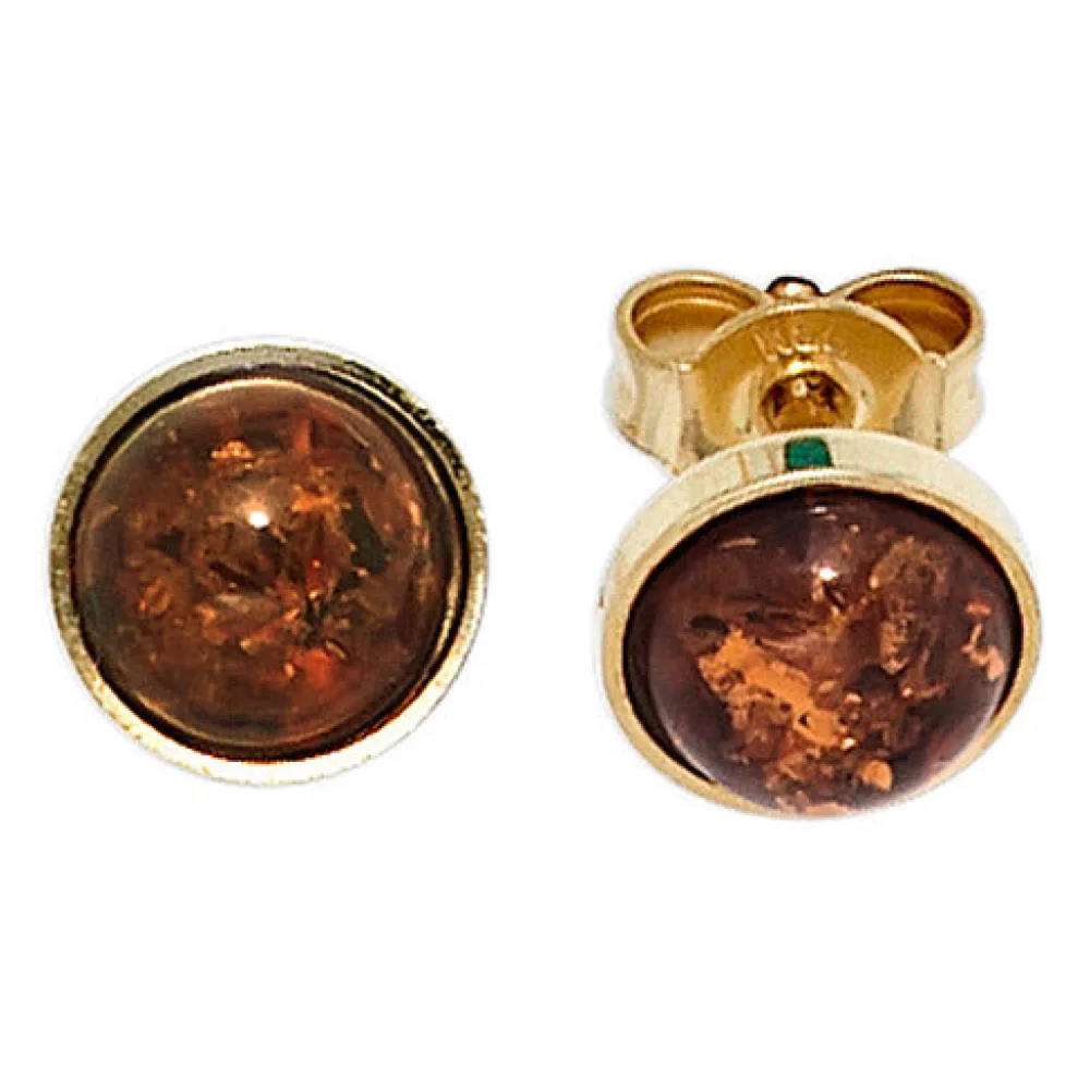 Ohrstecker rund 333 Gold Gelbgold 2 Bernsteine orange Ohrringe Bernsteinohrringe