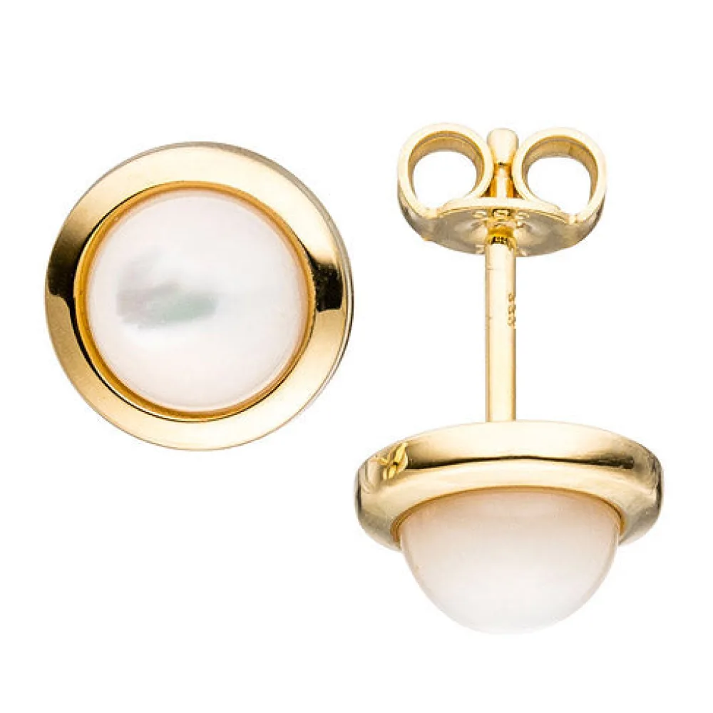 Ohrstecker rund 333 Gold Gelbgold 2 Perlmutt-Steine Ohrringe Goldohrringe
