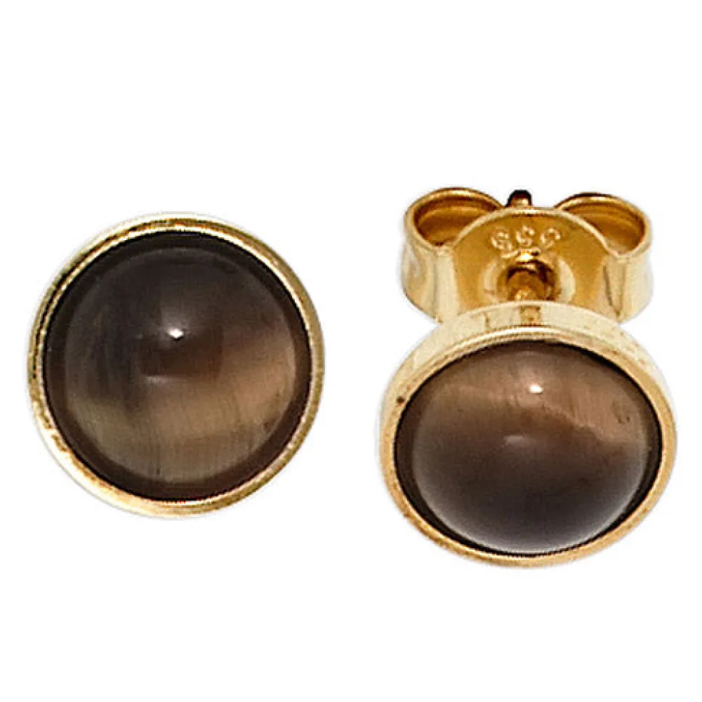 Ohrstecker rund 333 Gold Gelbgold 2 Tigeraugen braun Ohrringe Goldohrstecker