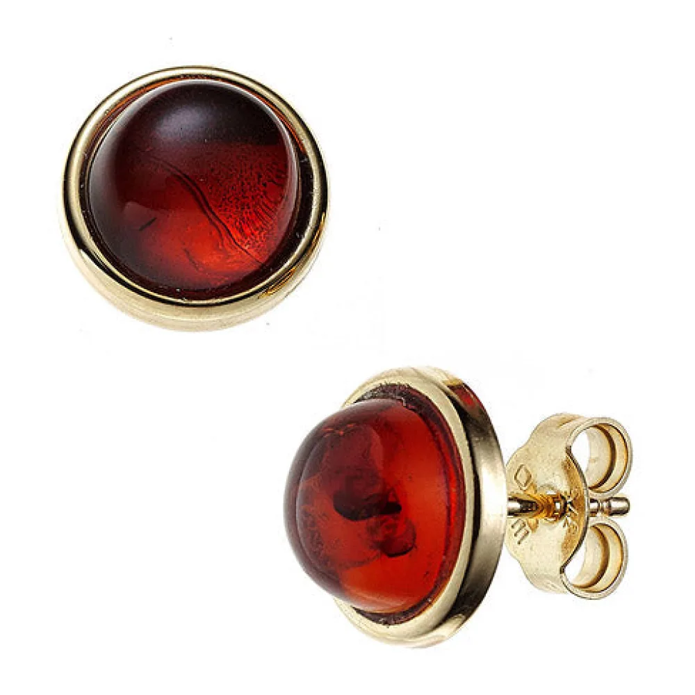 Ohrstecker rund 375 Gold Gelbgold 2 Bernsteine orange Ohrringe