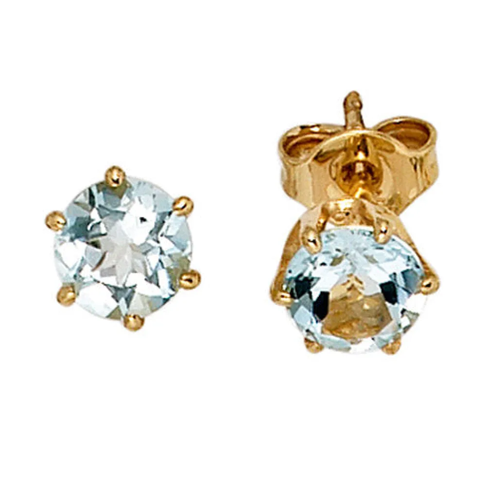 Ohrstecker rund 585 Gold Gelbgold 2 Aquamarine hellblau blau Ohrringe