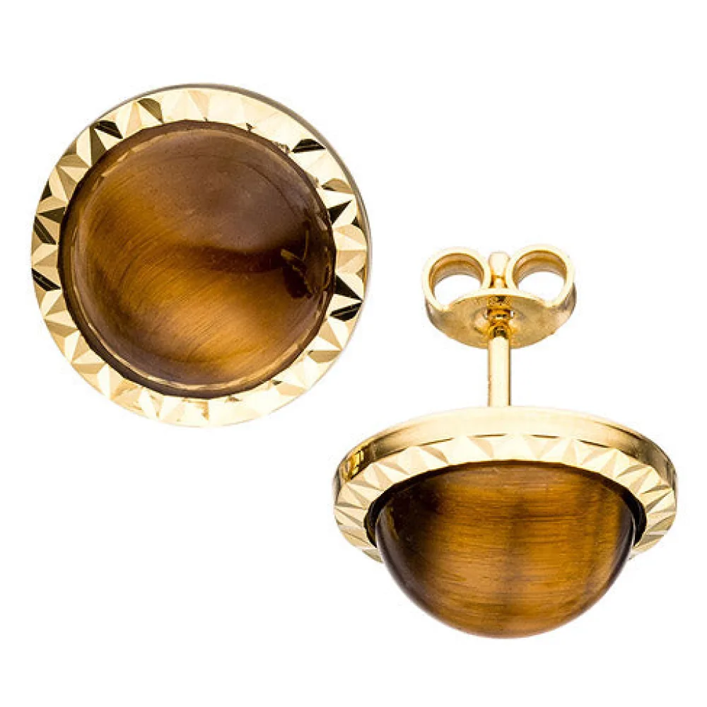 Ohrstecker rund 585 Gold Gelbgold 2 Tigeraugen braun Ohrringe Goldohrringe