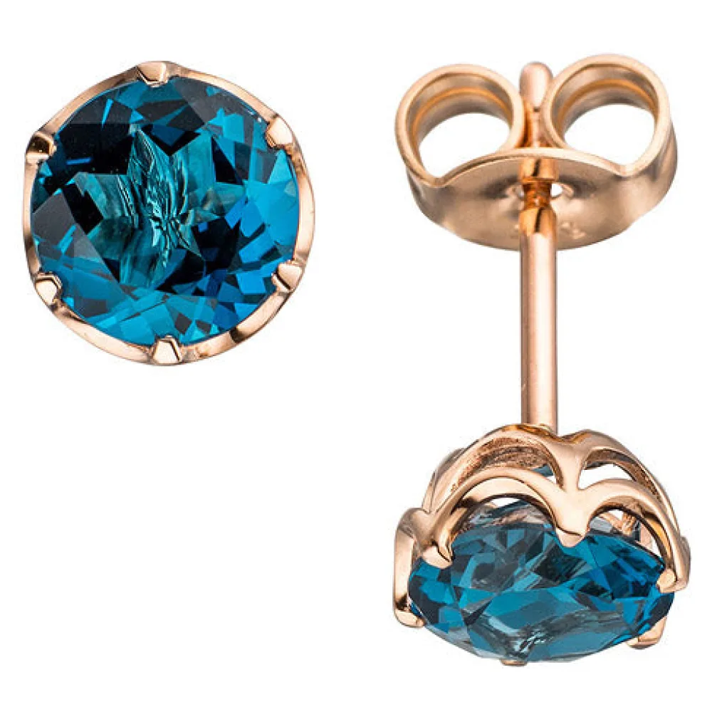 Ohrstecker rund 585 Gold Rotgold 2 Blautopase blau London blue Ohrringe