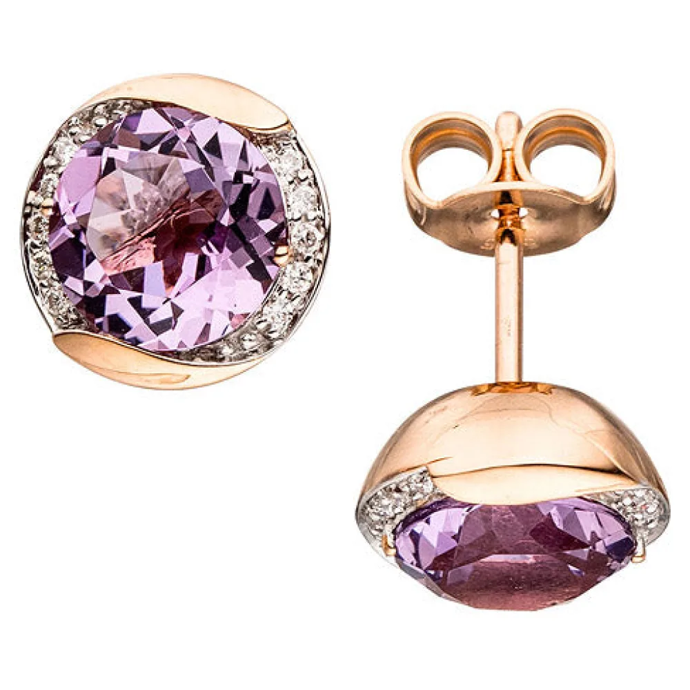Ohrstecker rund 585 Gold Rotgold 20 Diamanten 2 Amethyste lila violett Ohrringe
