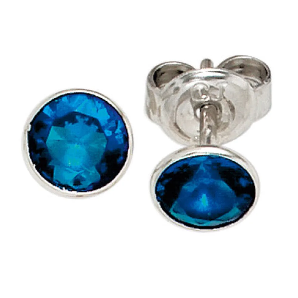 Ohrstecker rund 925 Sterling Silber 1 Zirkonia blau Ohrringe