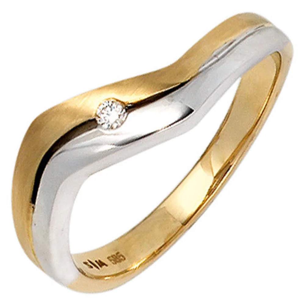 Damen Ring 585 Gold Gelbgold Weißgold bicolor matt 1 Diamant Brillant-54