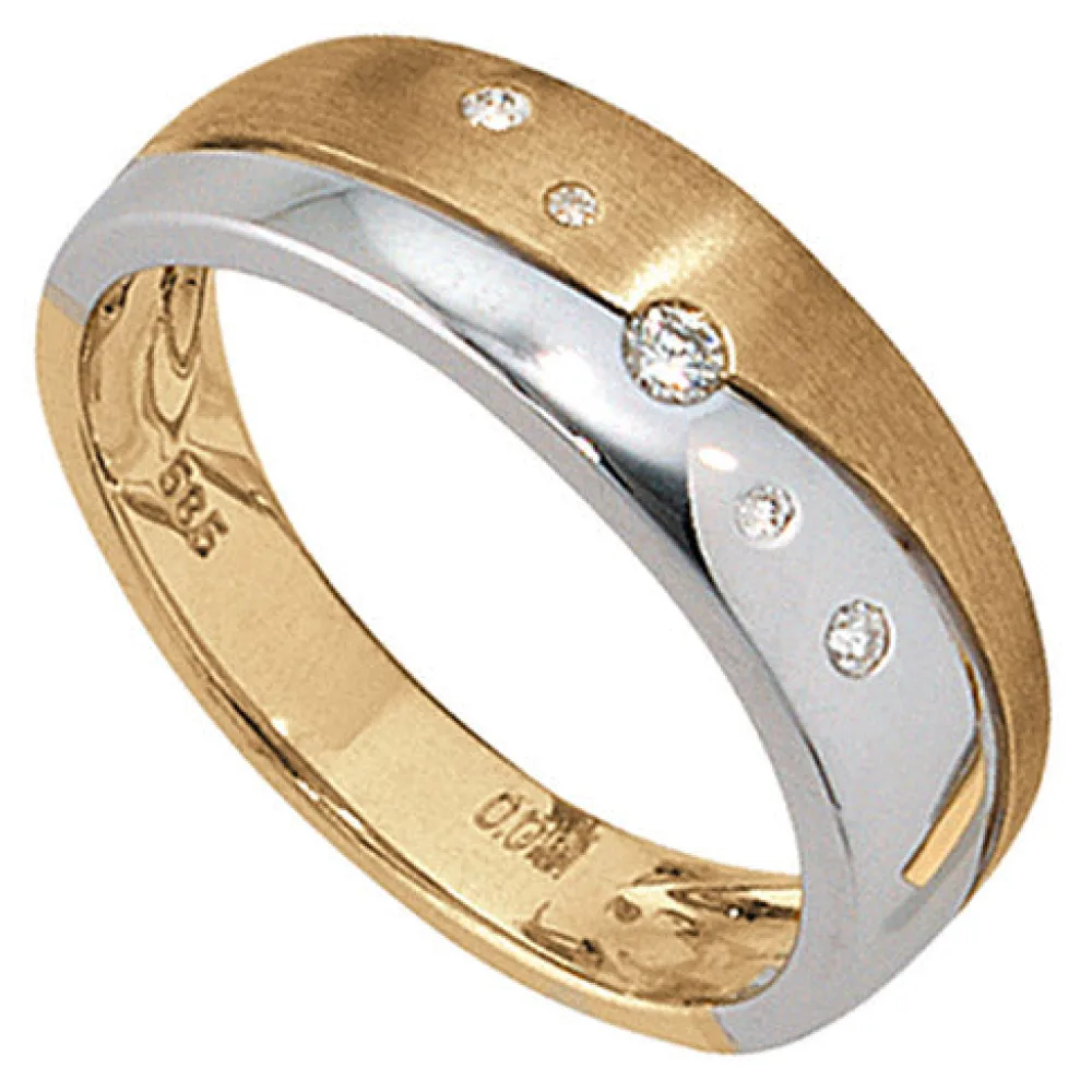 Damen Ring 585 Gold Gelbgold Weißgold bicolor matt 5 Diamanten Brillanten-54