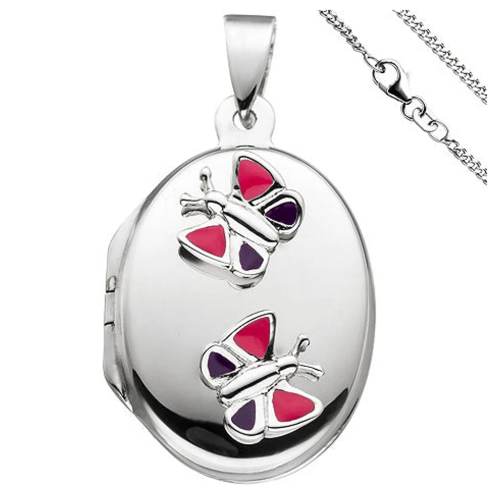 Medaillon Schmetterling Anhänger für 2 Fotos oval 925 Silber mit Kette 42 cm