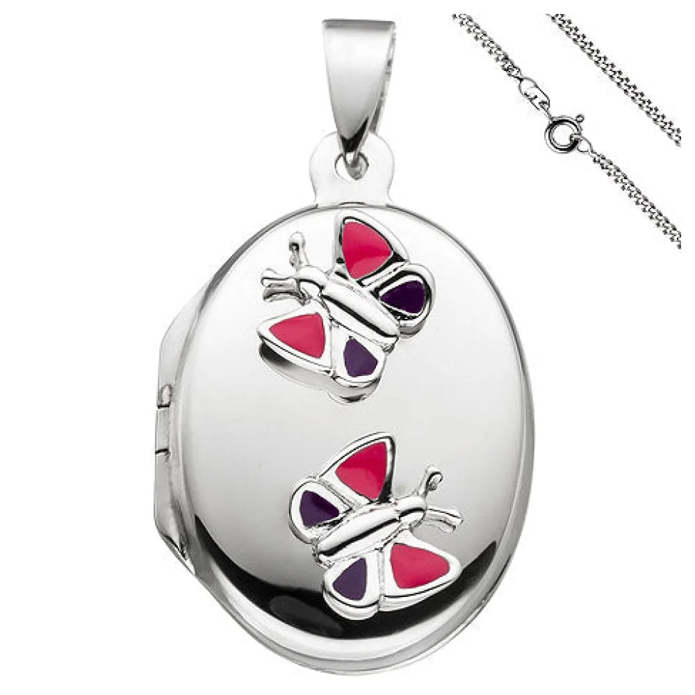 Medaillon Schmetterling Anhänger für 2 Fotos oval 925 Silber mit Kette 50 cm