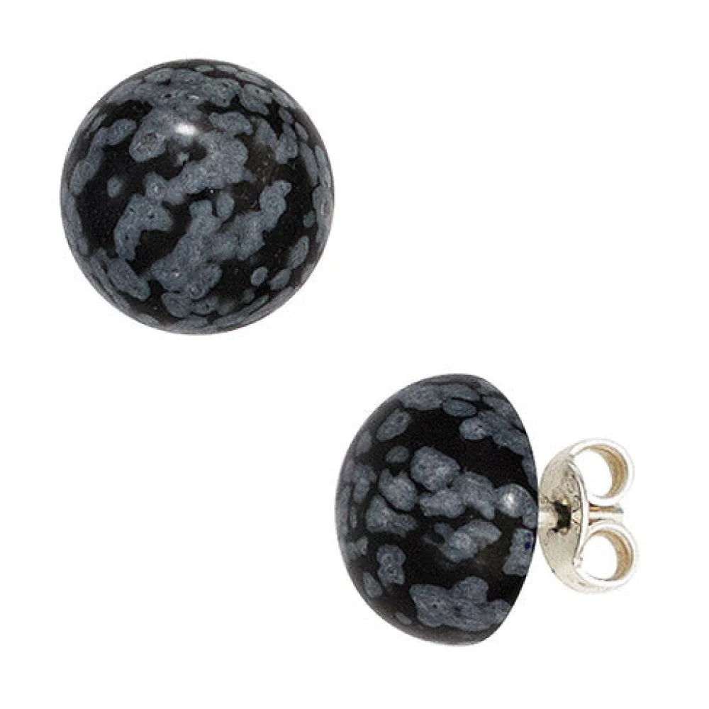 Ohrstecker rund 925 Sterling Silber 2 Schneeflocken-Obsidiane Ohrringe