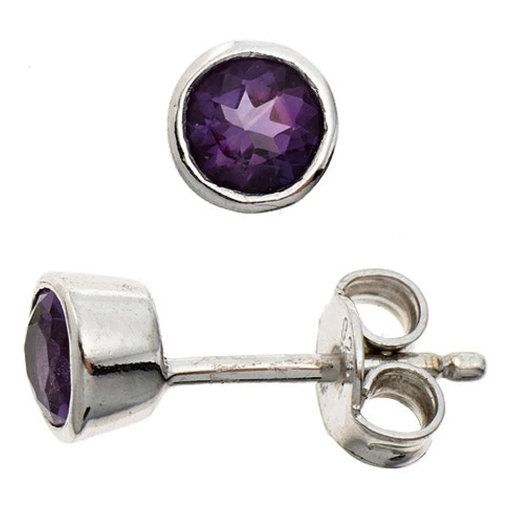 Ohrstecker rund 925 Sterling Silber rhodiniert 2 Amethyste lila violett Ohrringe