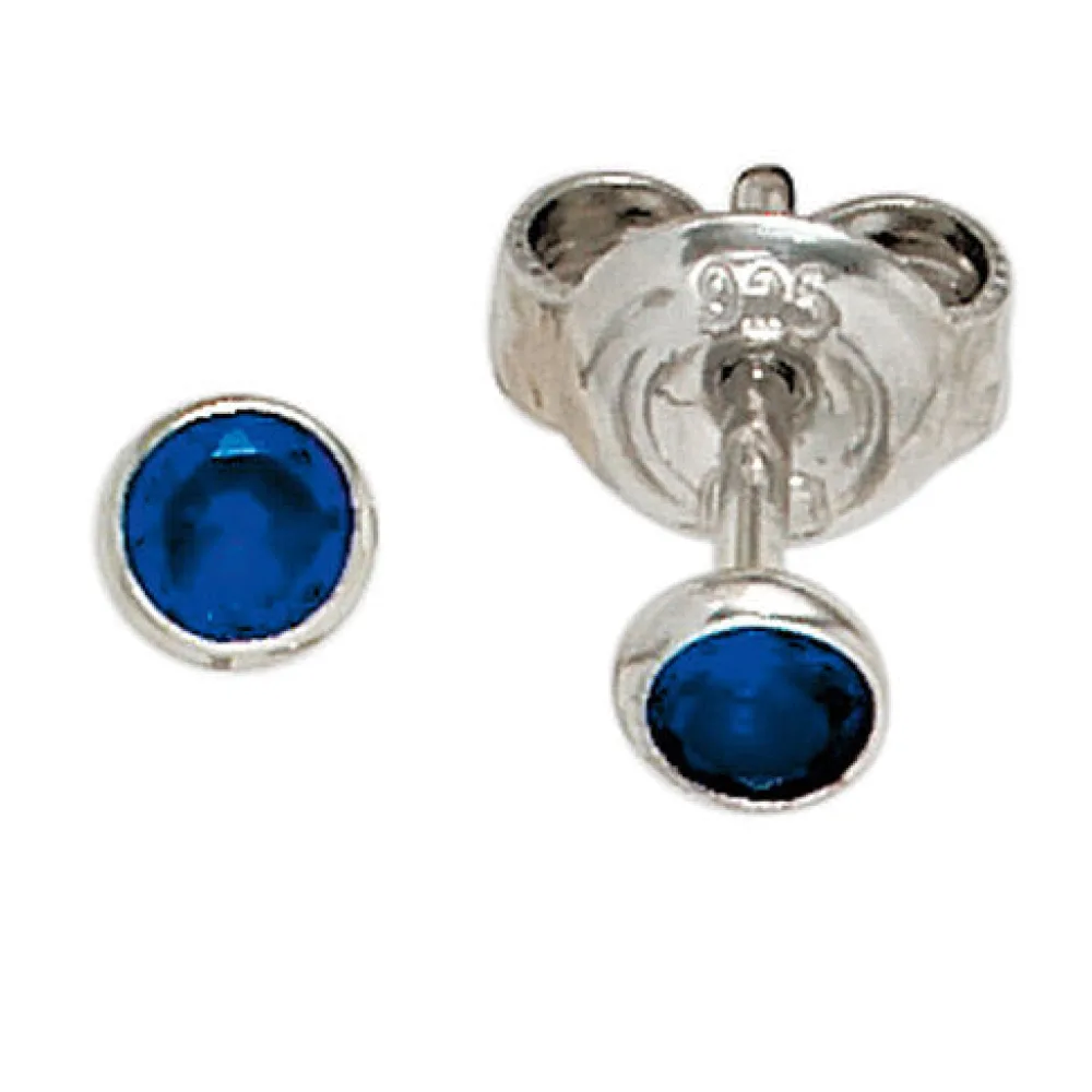 Ohrstecker rund 925 Sterling Silber rhodiniert 2 Zirkonia blau Ohrringe
