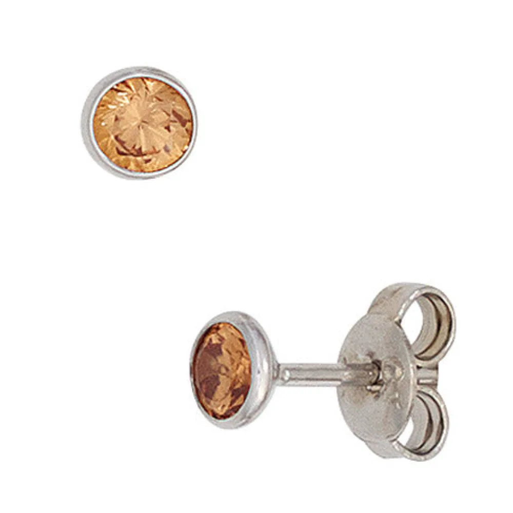 Ohrstecker rund 925 Sterling Silber rhodiniert 2 Zirkonia champagner Ohrringe