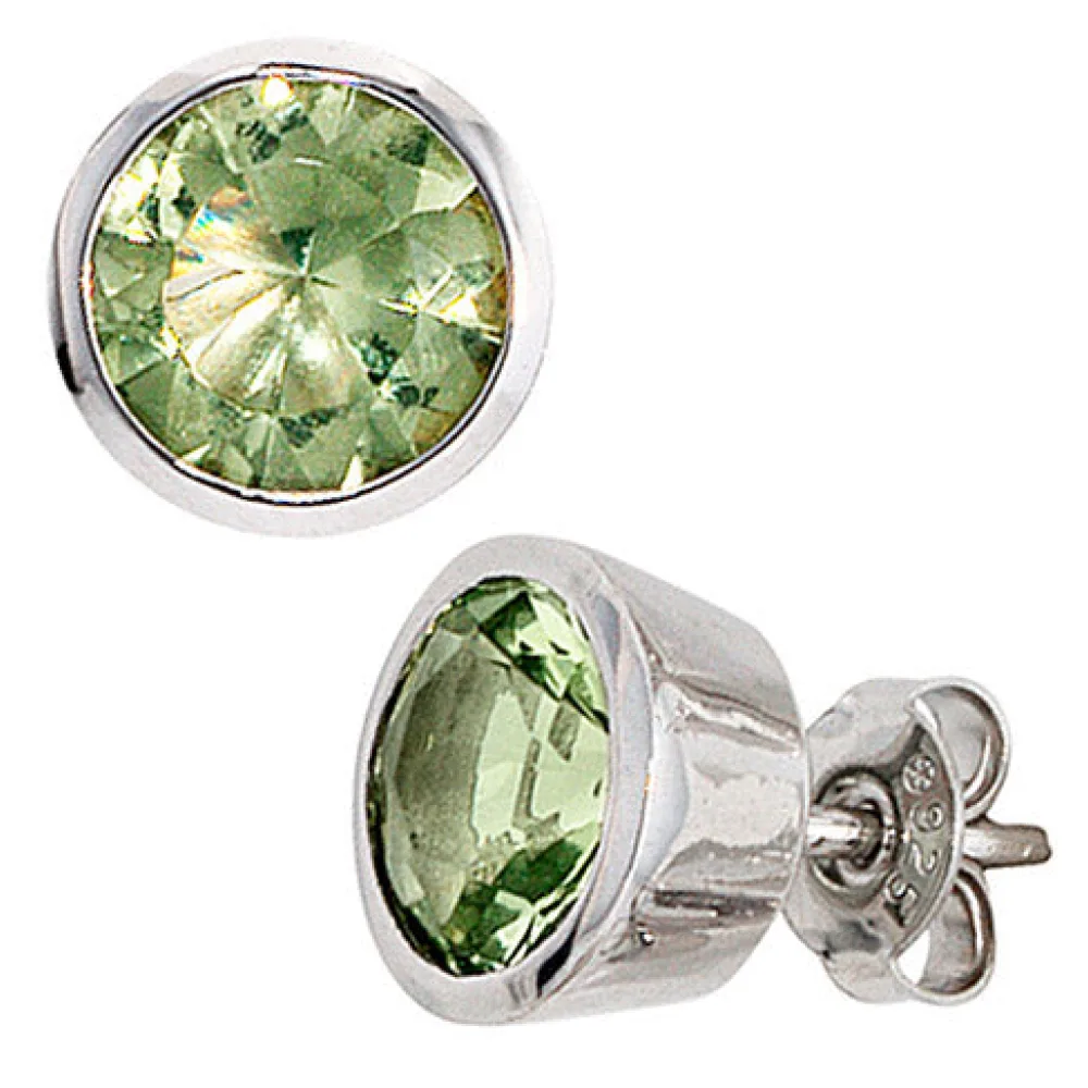 Ohrstecker rund 925 Sterling Silber rhodiniert 2 Zirkonia grün Ohrringe