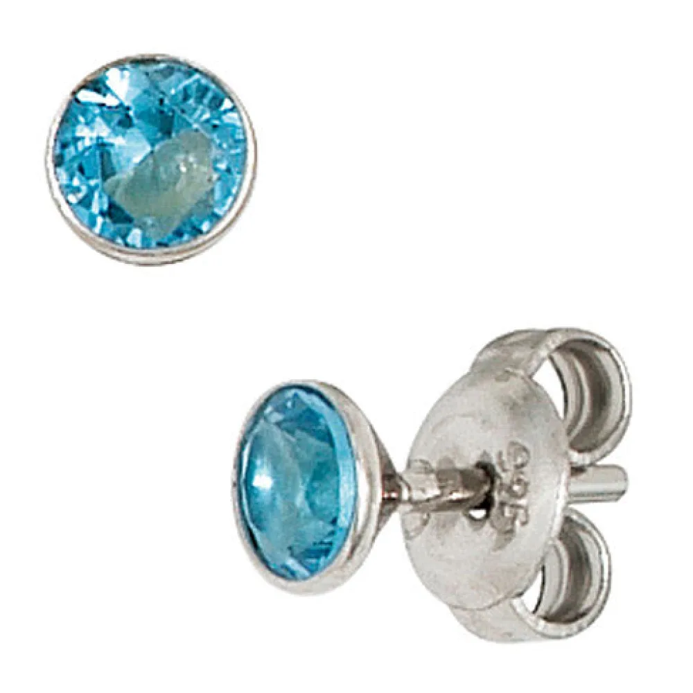 Ohrstecker rund 925 Sterling Silber rhodiniert 2 Zirkonia hellblau blau Ohrringe