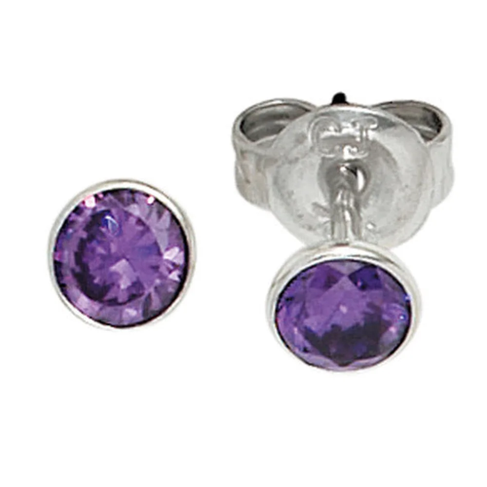 Ohrstecker rund 925 Sterling Silber rhodiniert 2 Zirkonia lila violett Ohrringe