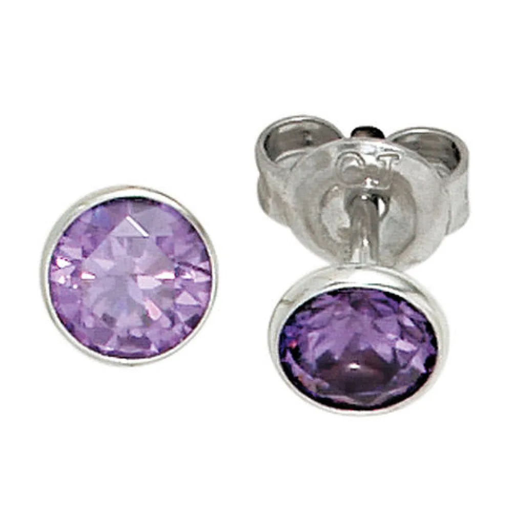 Ohrstecker rund 925 Sterling Silber rhodiniert 2 Zirkonia lila violett Ohrringe