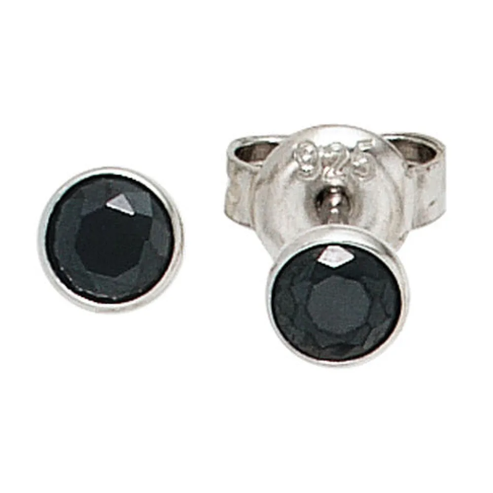 Ohrstecker rund 925 Sterling Silber rhodiniert 2 Zirkonia schwarz Ohrringe