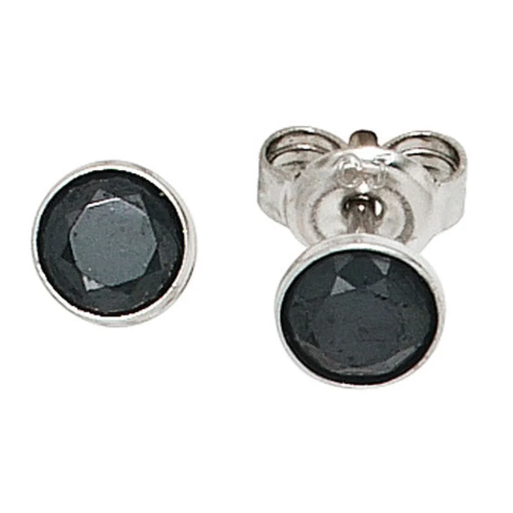 Ohrstecker rund 925 Sterling Silber rhodiniert 2 Zirkonia schwarz Ohrringe