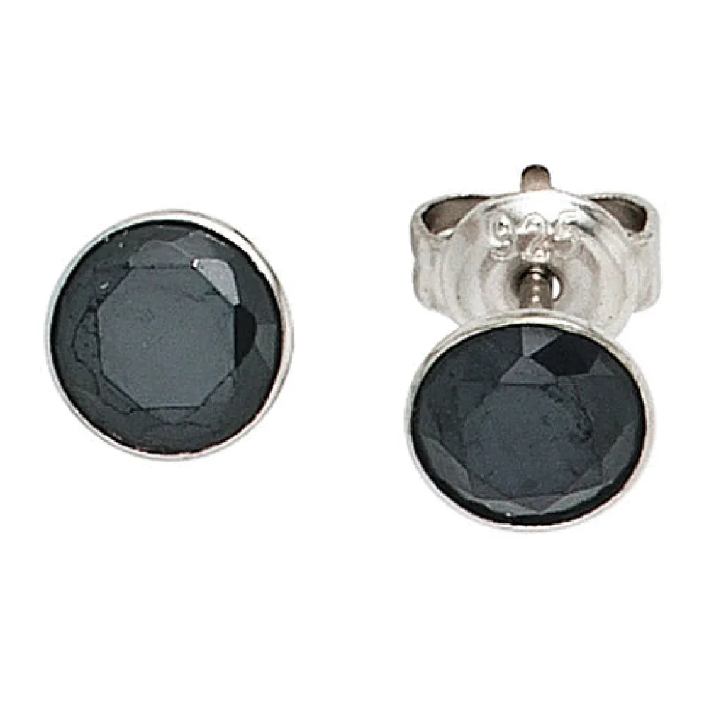 Ohrstecker rund 925 Sterling Silber rhodiniert 2 Zirkonia schwarz Ohrringe