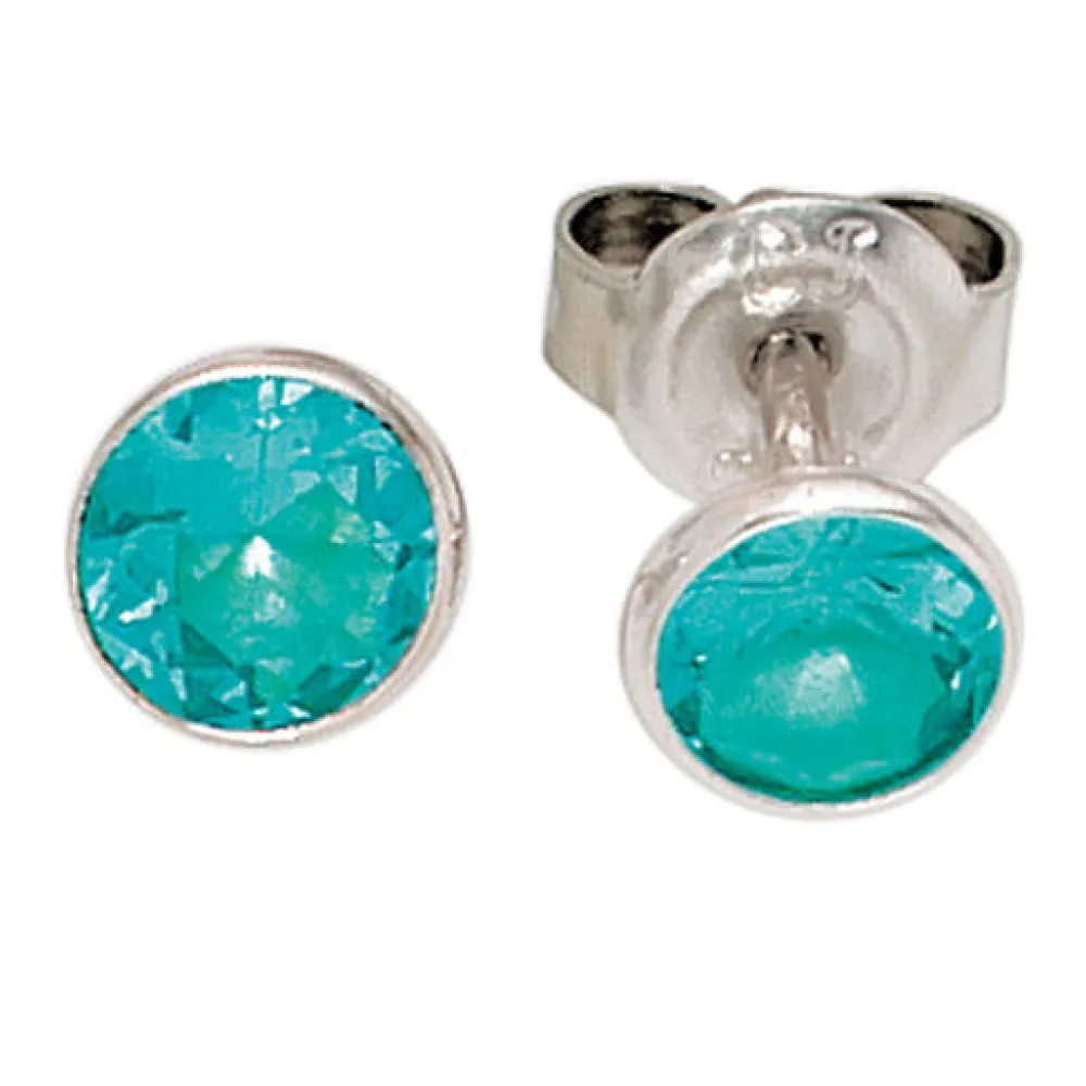 Ohrstecker rund 925 Sterling Silber rhodiniert 2 Zirkonia türkis Ohrringe