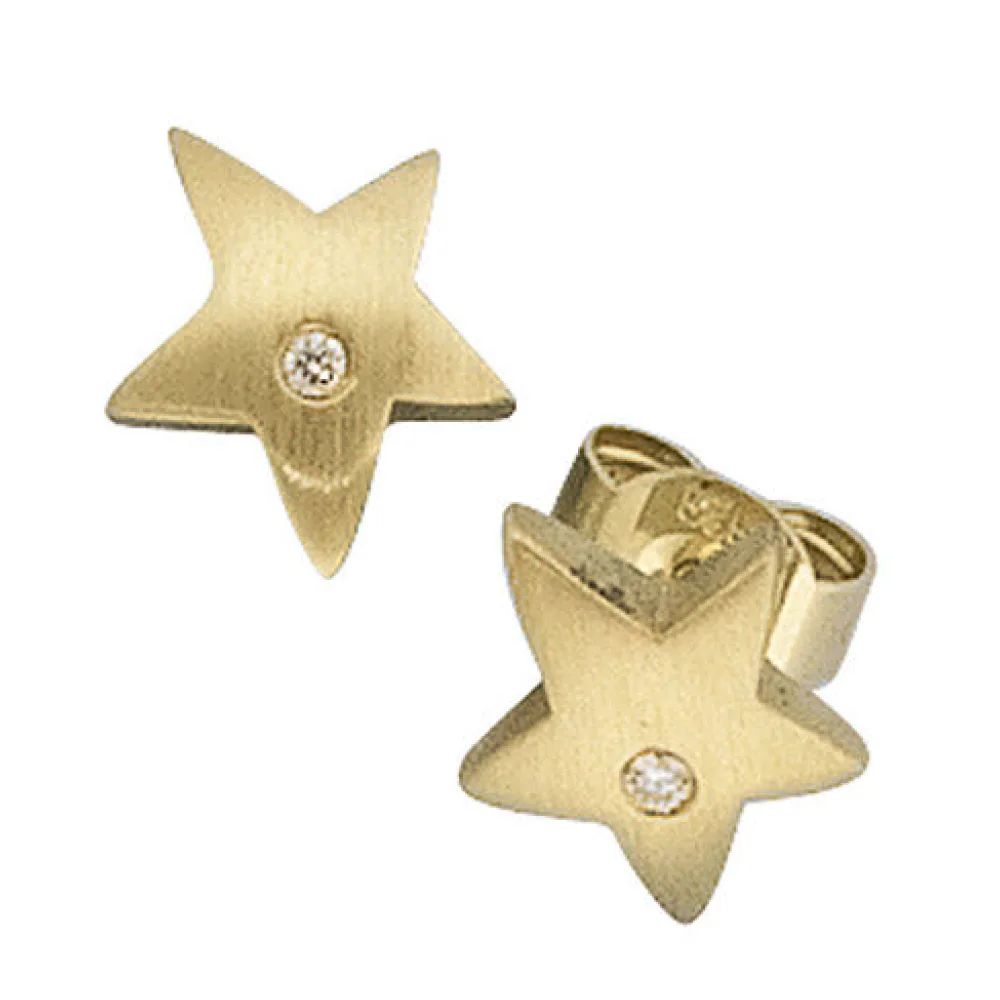Ohrstecker Stern 585 Gold Gelbgold matt 2 Diamanten Brillanten Ohrringe