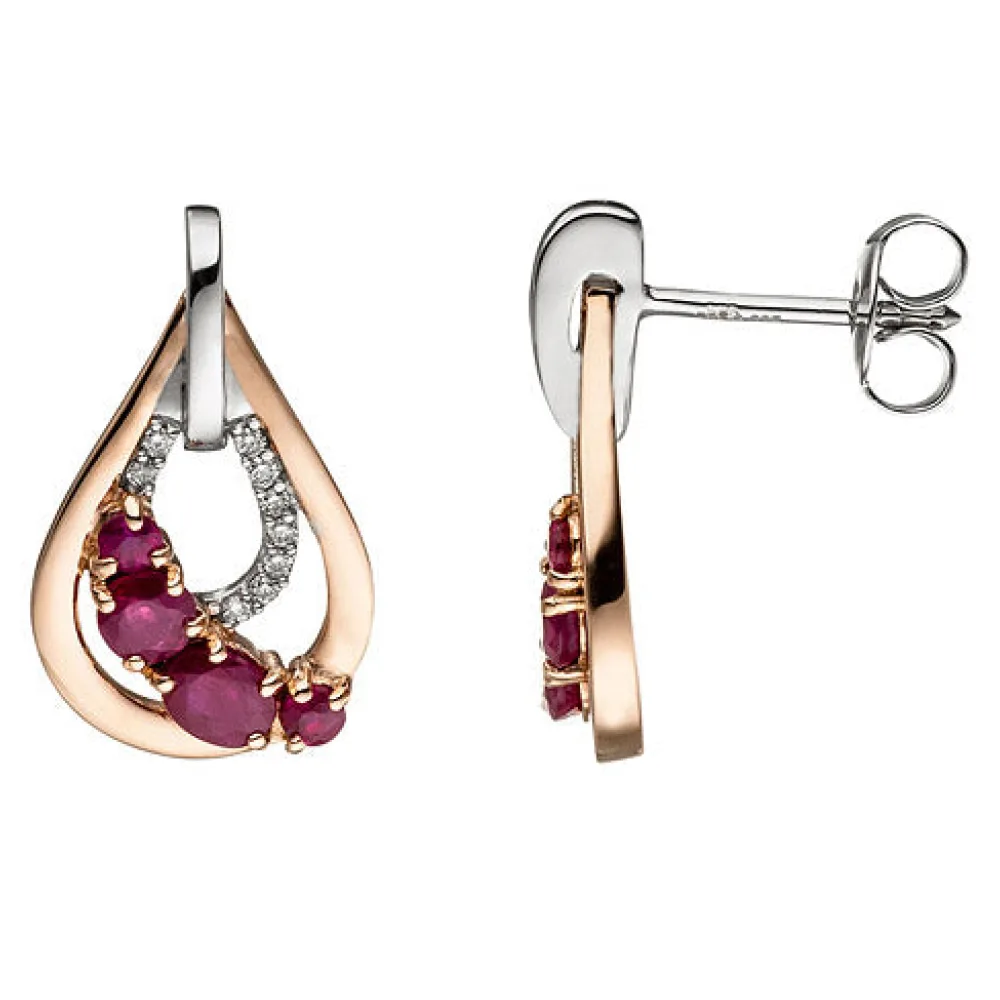 Ohrstecker Tropfen 585 Gold bicolor 8 Rubine rot 18 Diamanten Brillanten